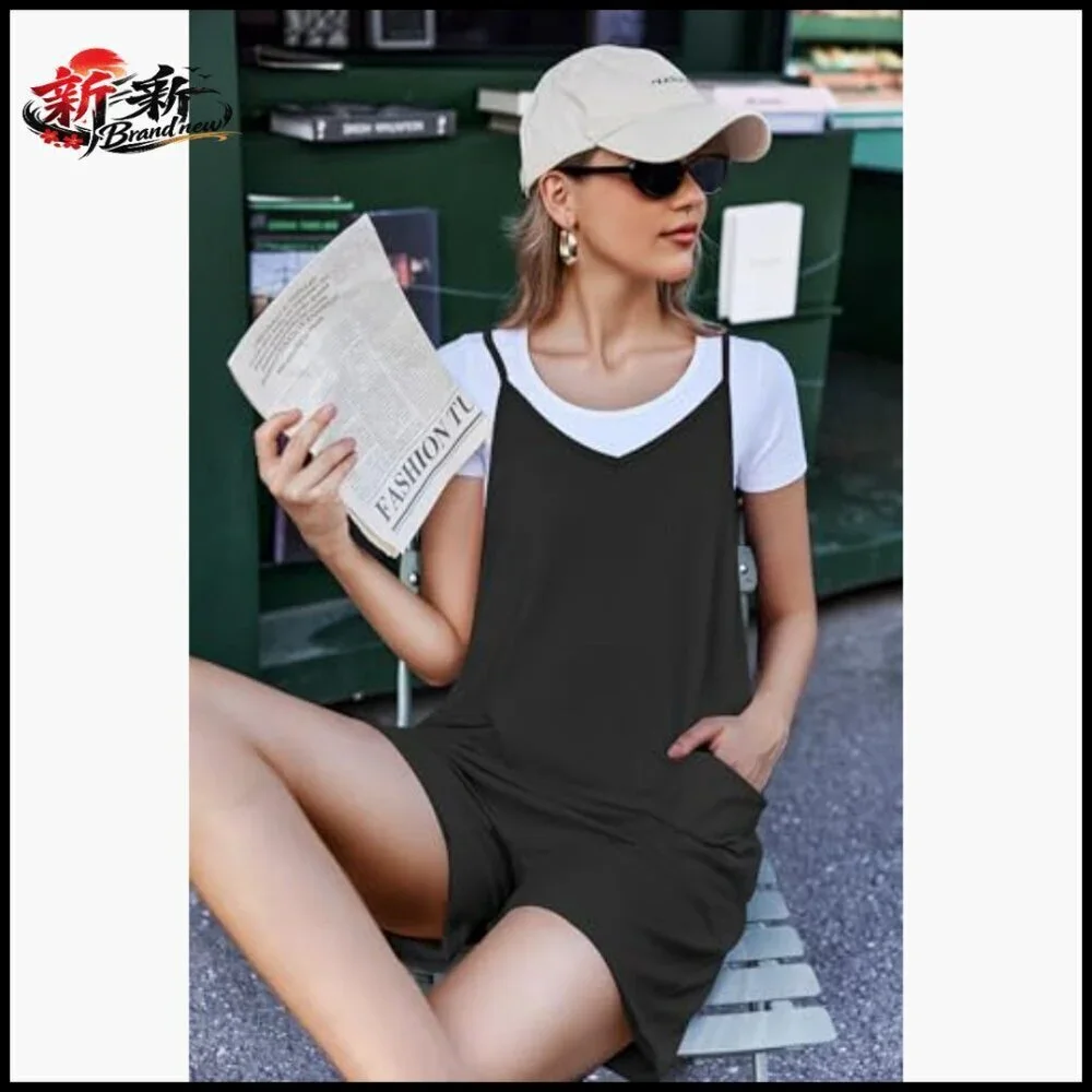 Polyester Blend Romper with Adjustable Straps and Pockets